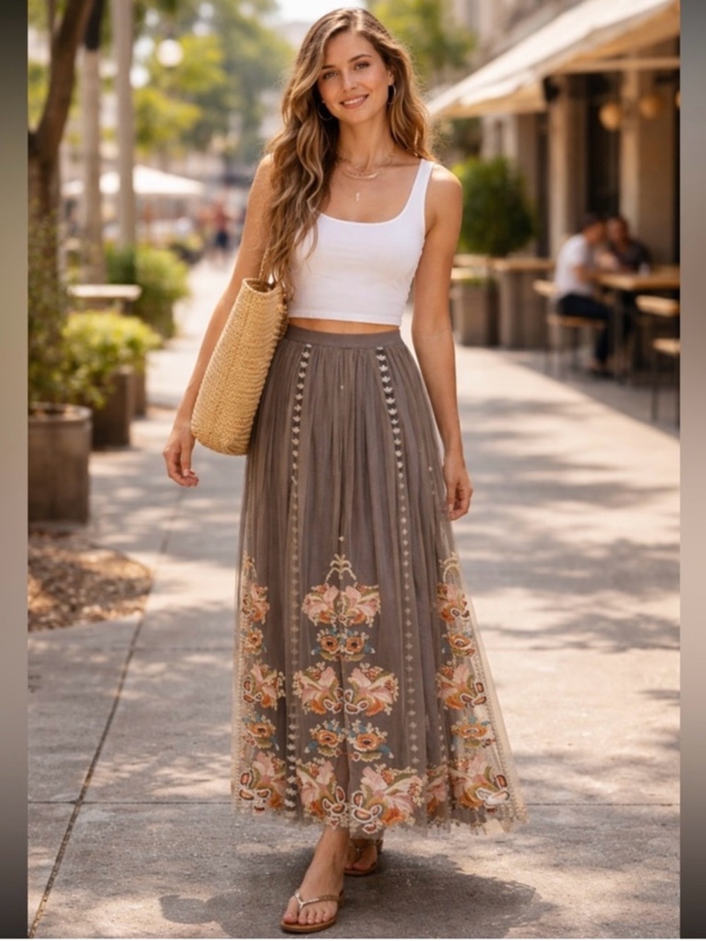 Sundance Embroidered Maxi Skirt in Gray with Multicolor Floral Accents